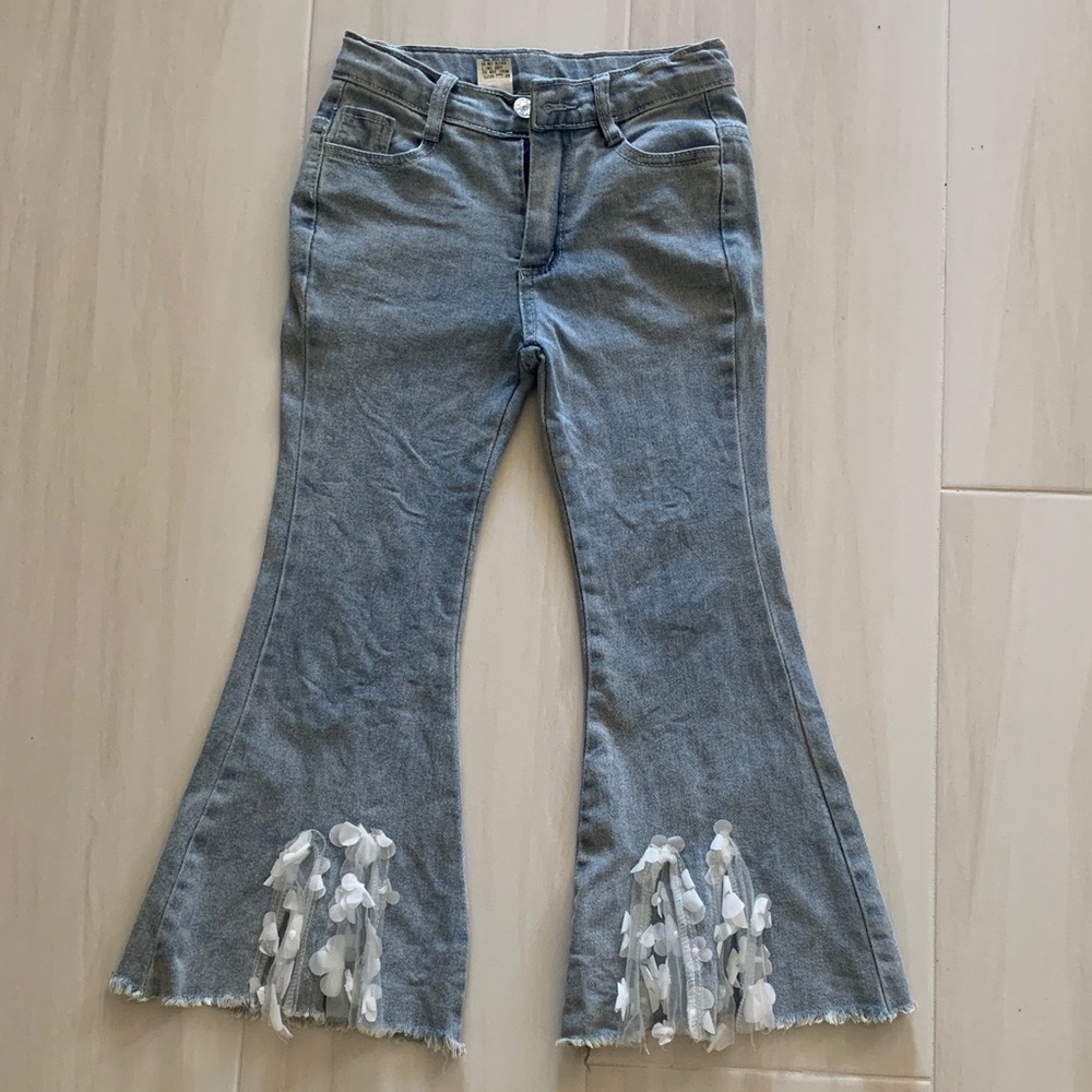 Little Girls Blue Flared Jeans with Floral Accents